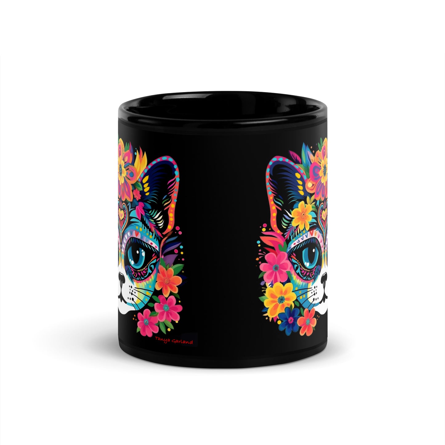 Floral Feline Black Glossy Mug