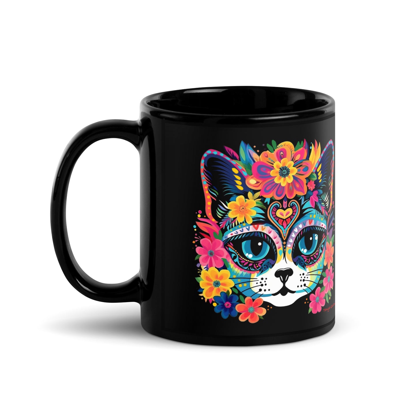 Floral Feline Black Glossy Mug