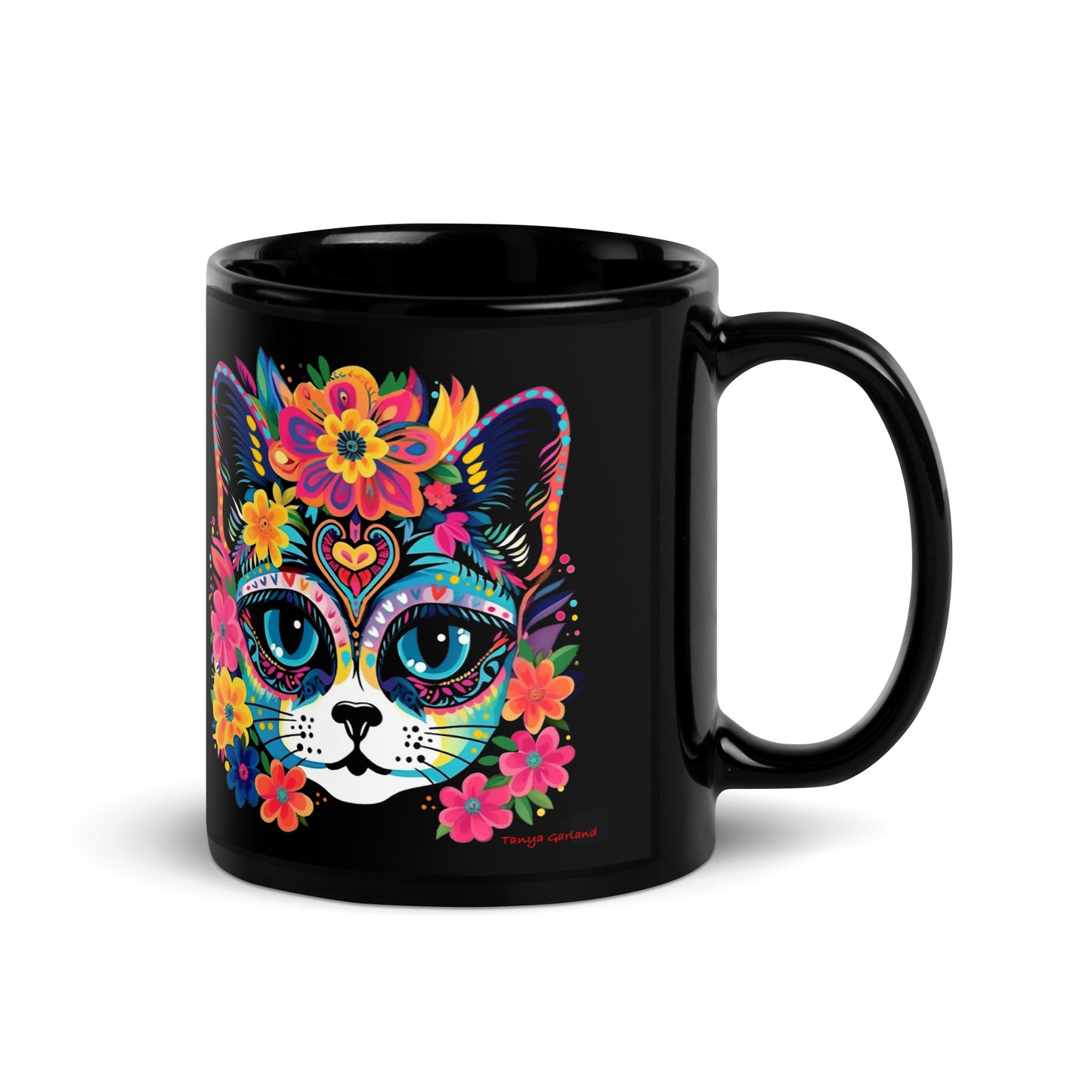 Floral Feline Black Glossy Mug